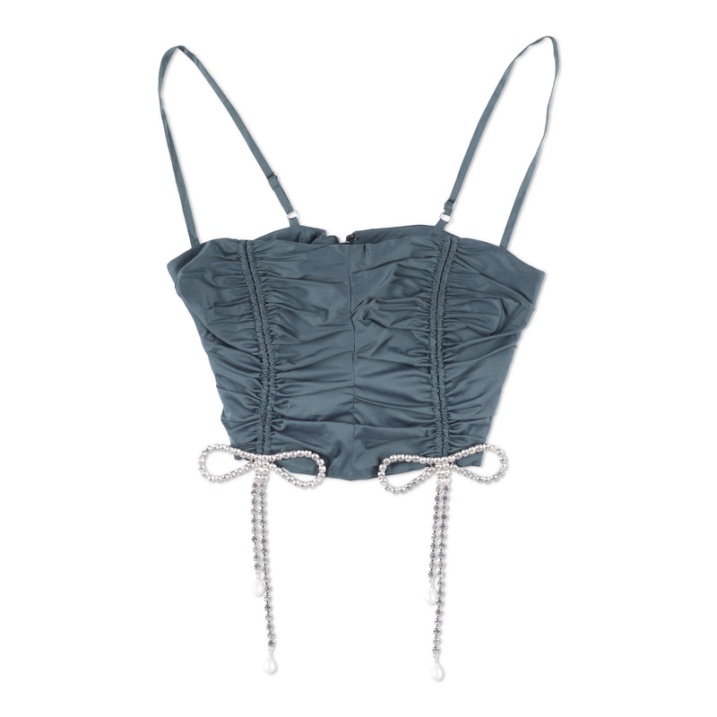 AREA Crystal Bow Ruched Crop Top