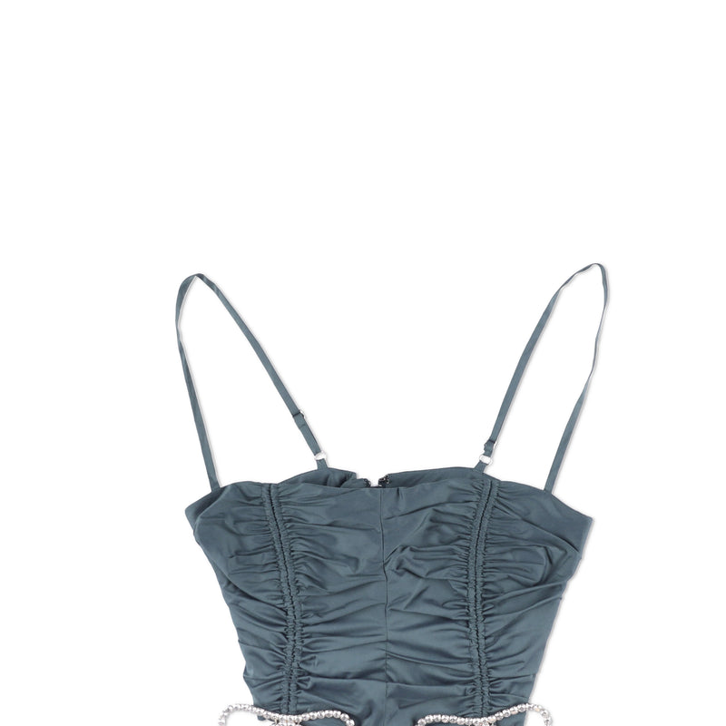 AREA Crystal Bow Ruched Crop Top