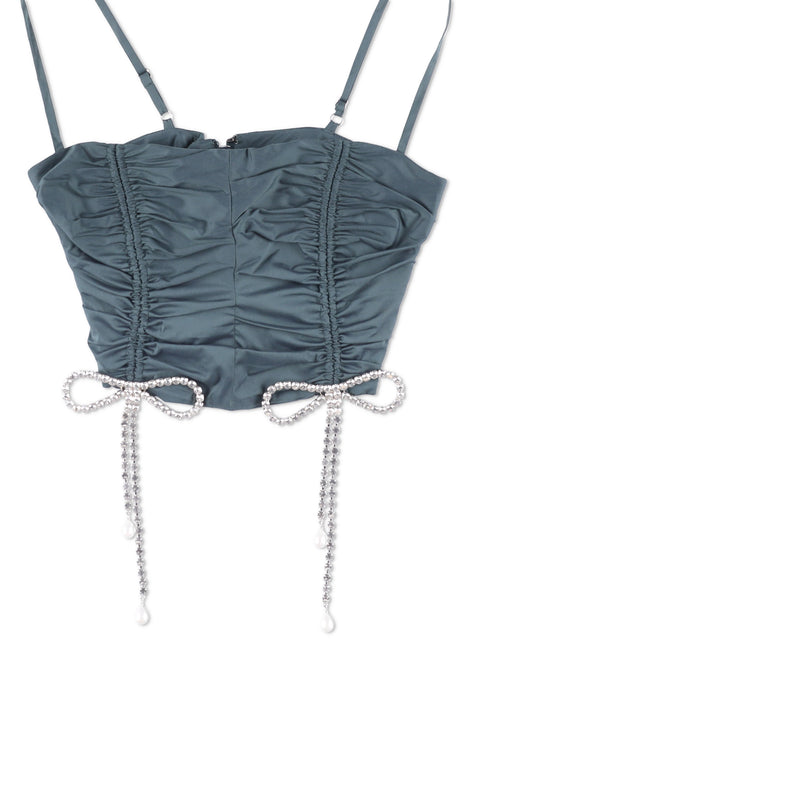 AREA Crystal Bow Ruched Crop Top