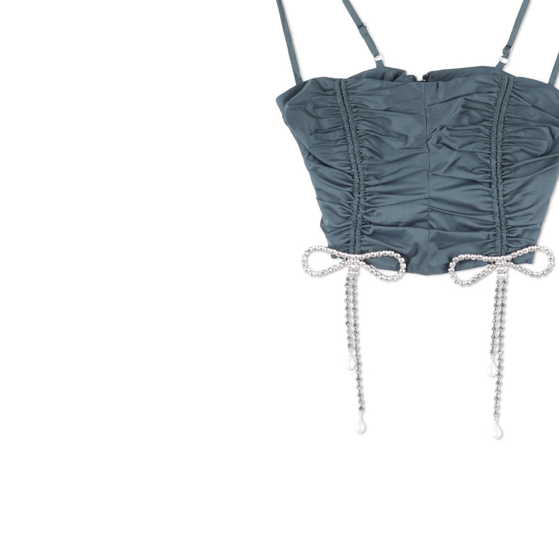 AREA Crystal Bow Ruched Crop Top