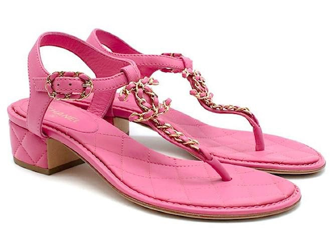 Chanel Pink Leather Quilted Block heeled Sandals