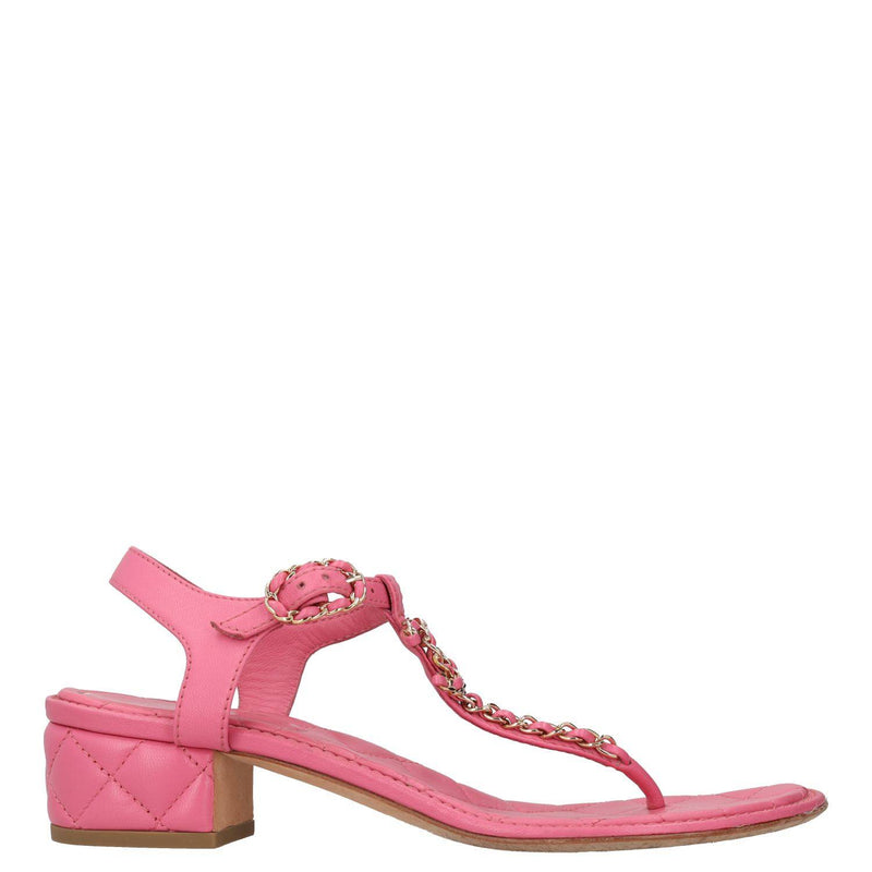 Chanel Pink Leather Quilted Block heeled Sandals