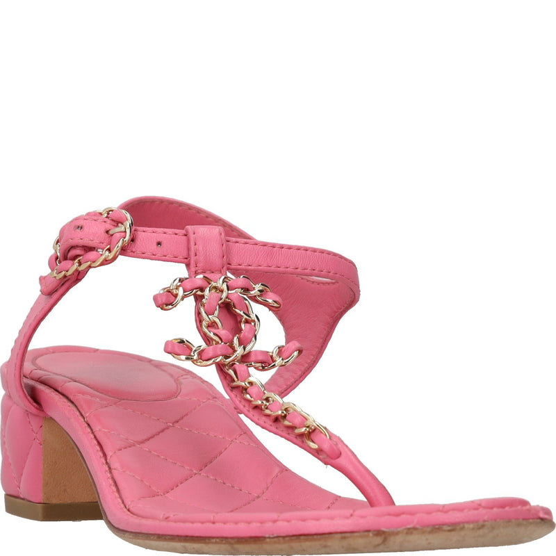 Chanel Pink Leather Quilted Block heeled Sandals