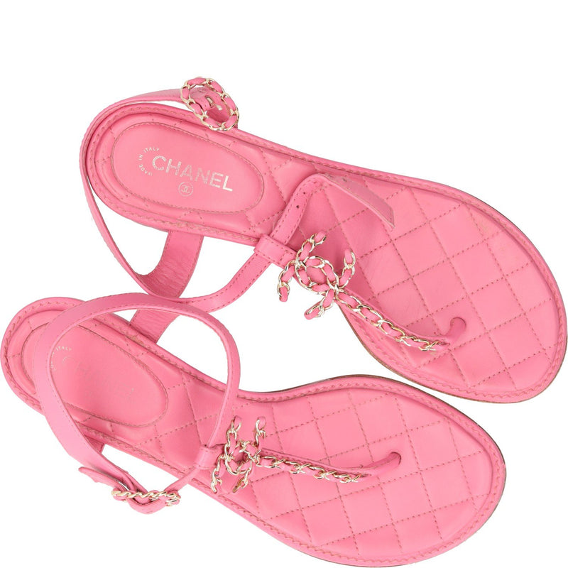 Chanel Pink Leather Quilted Block heeled Sandals