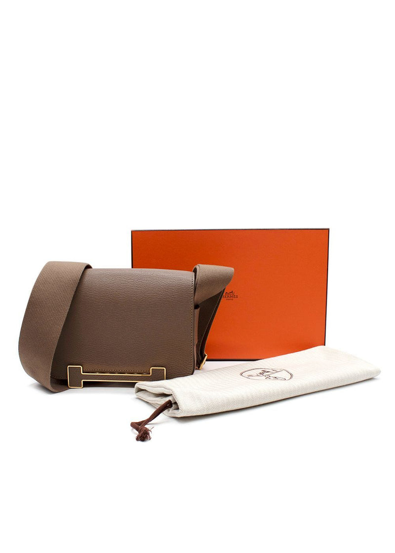 Hermes Geta  Crossbody Bag In Etoupe Chevre Leather with Gold Hardware
