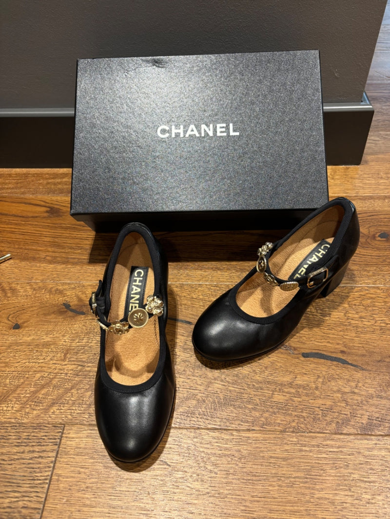 Chanel Black Leather Mary Jane’s Heeled Shoes