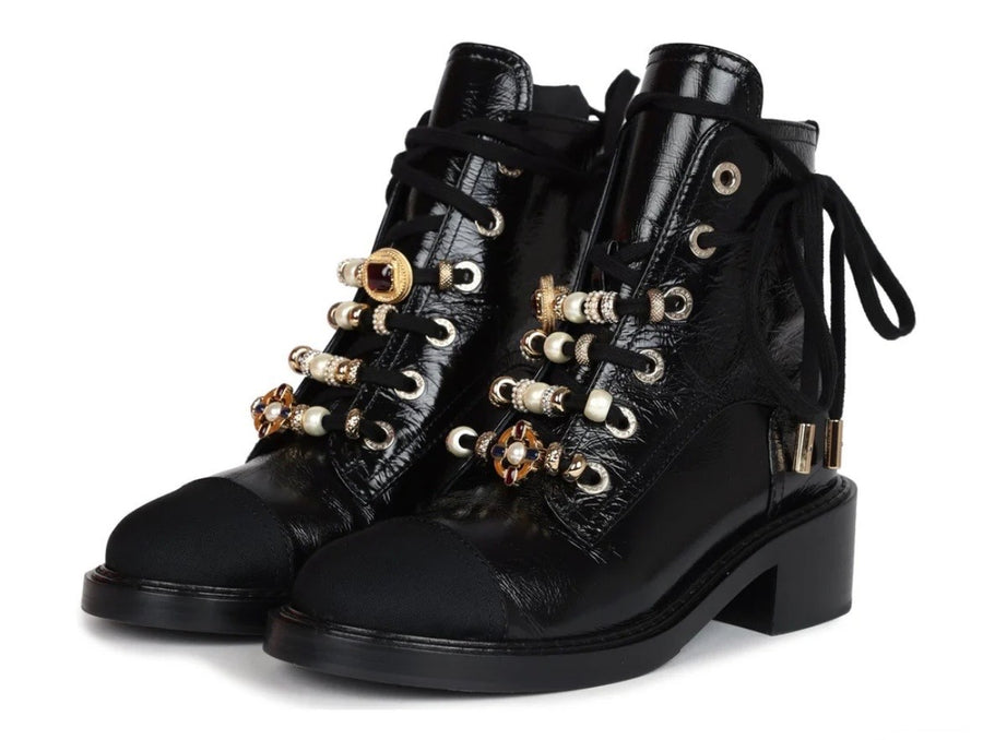 CHANEL Black Leather with decorative beads and embellishments Flat Ankle Boots