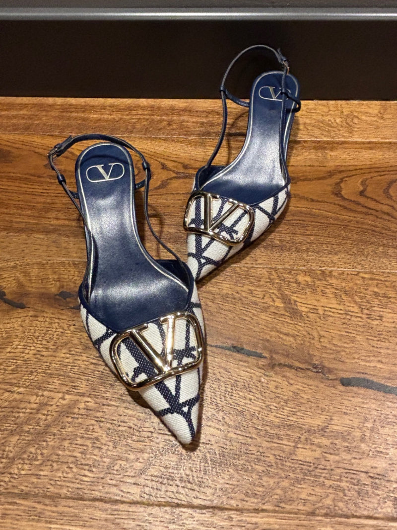 Valentino Garavani V logo Navy Blue and White Fabric and Leather Heeled Shoes