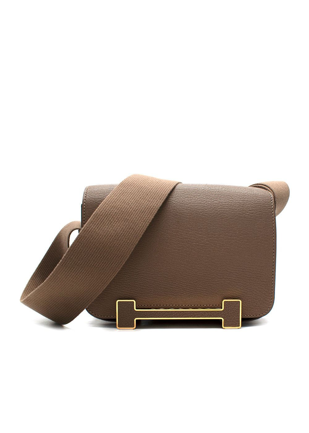 Hermes Geta  Crossbody Bag In Etoupe Chevre Leather with Gold Hardware