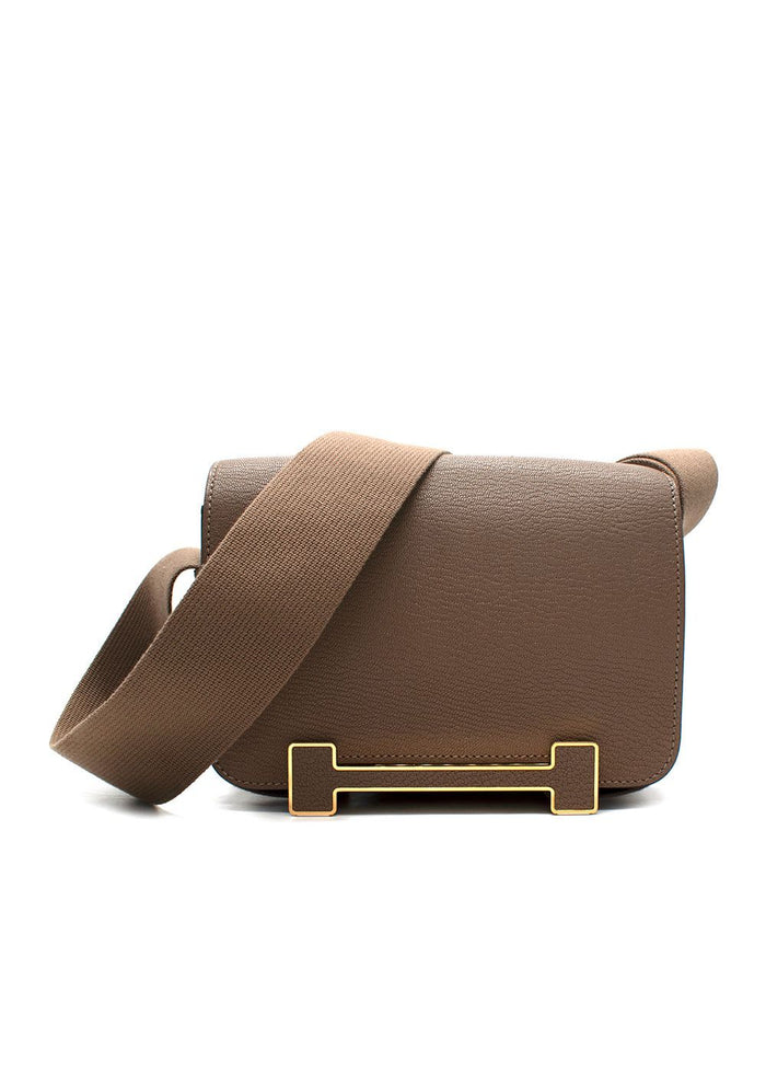 Hermes Geta  Crossbody Bag In Etoupe Chevre Leather with Gold Hardware