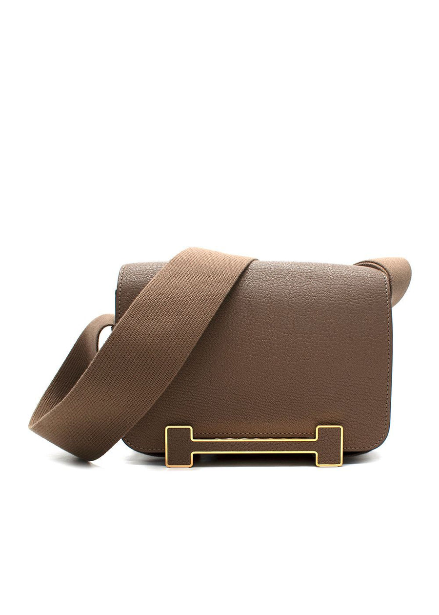 Hermes Geta  Crossbody Bag In Etoupe Chevre Leather with Gold Hardware
