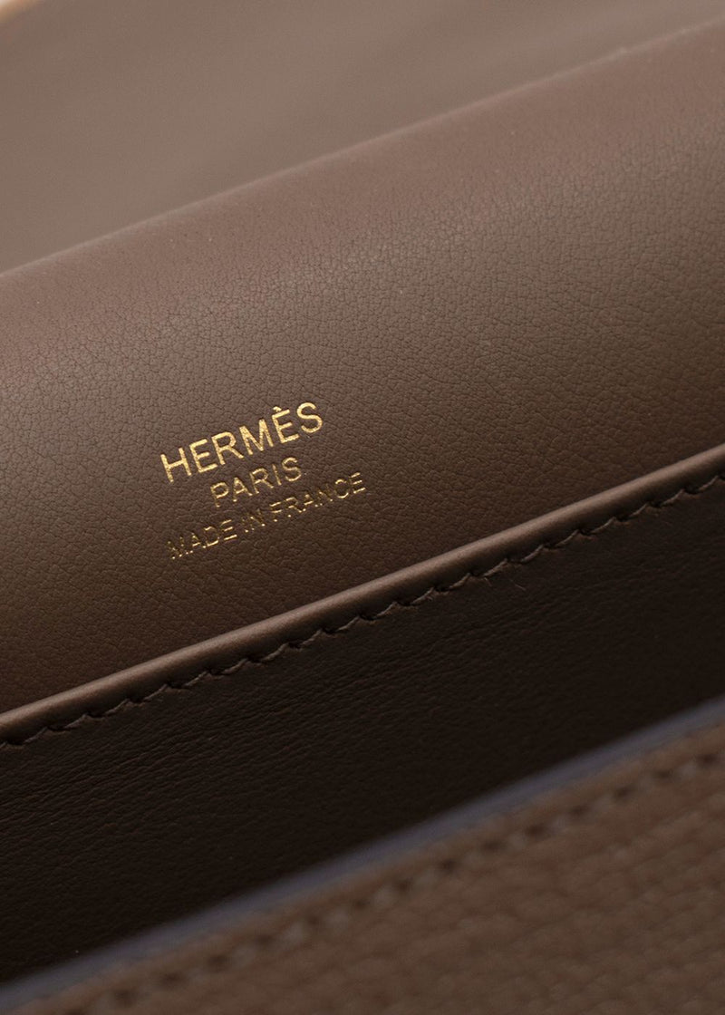 Hermes Geta  Crossbody Bag In Etoupe Chevre Leather with Gold Hardware