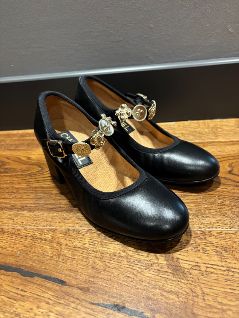 Chanel Black Leather Mary Jane’s Heeled Shoes