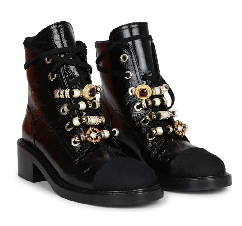 CHANEL Black Leather with decorative beads and embellishments Flat Ankle Boots