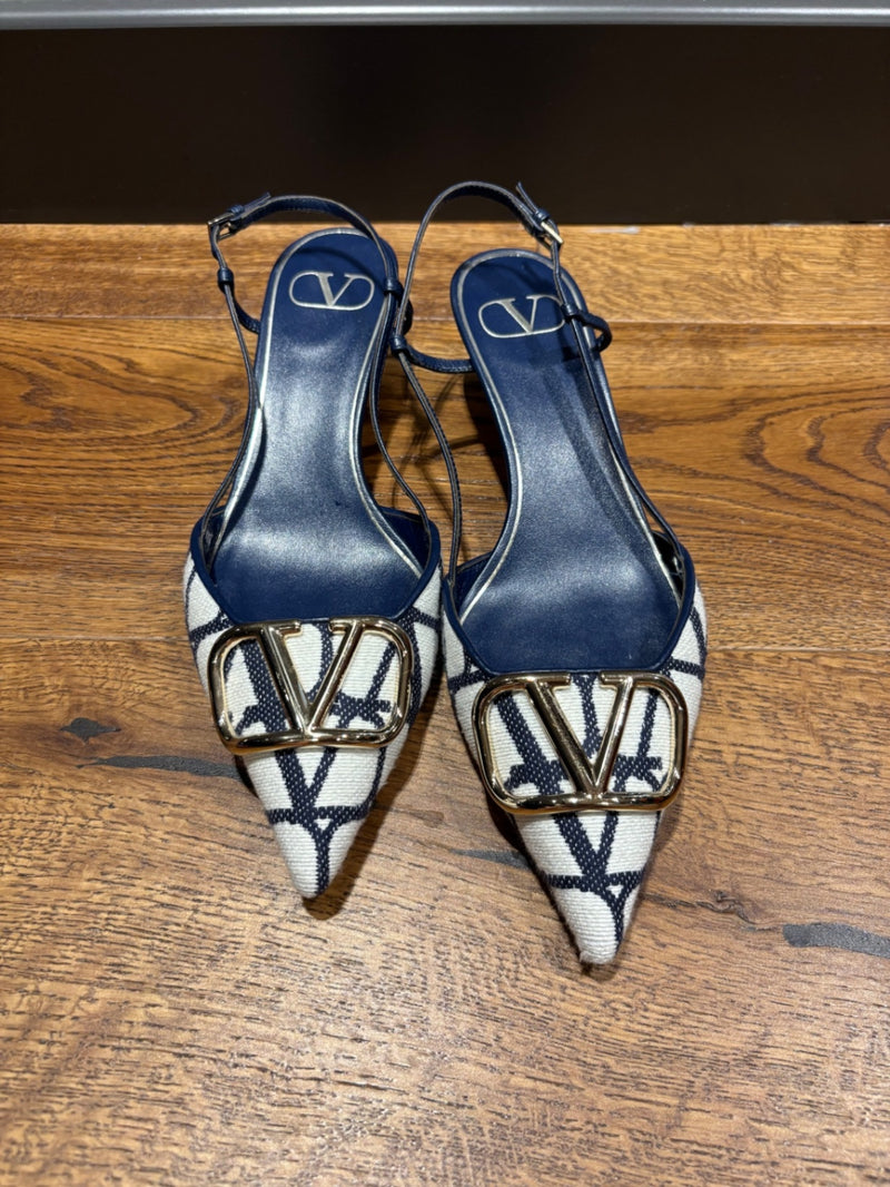 Valentino Garavani V logo Navy Blue and White Fabric and Leather Heeled Shoes