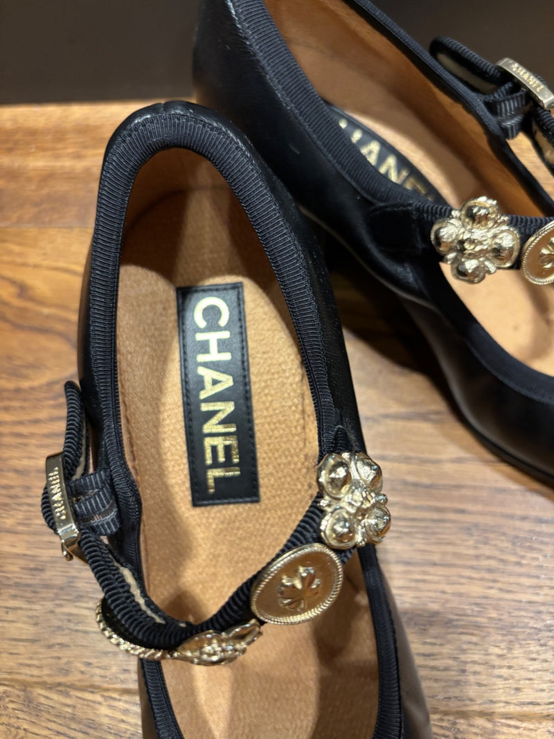 Chanel Black Leather Mary Jane’s Heeled Shoes
