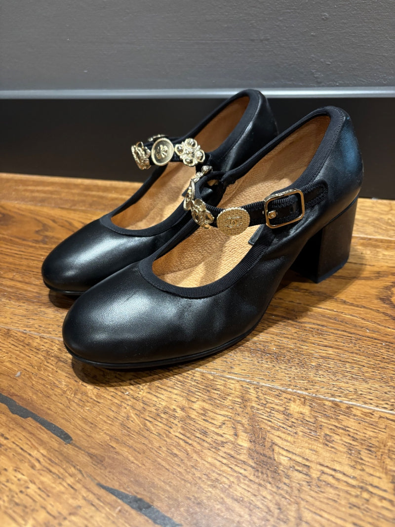 Chanel Black Leather Mary Jane’s Heeled Shoes