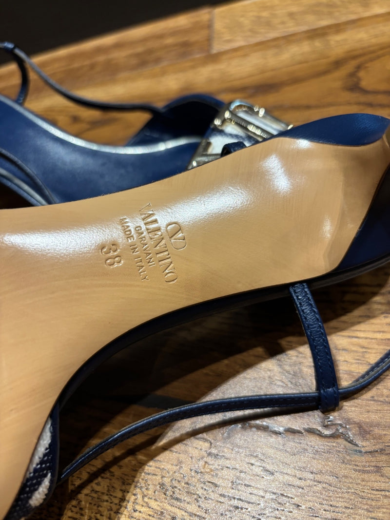 Valentino Garavani V logo Navy Blue and White Fabric and Leather Heeled Shoes