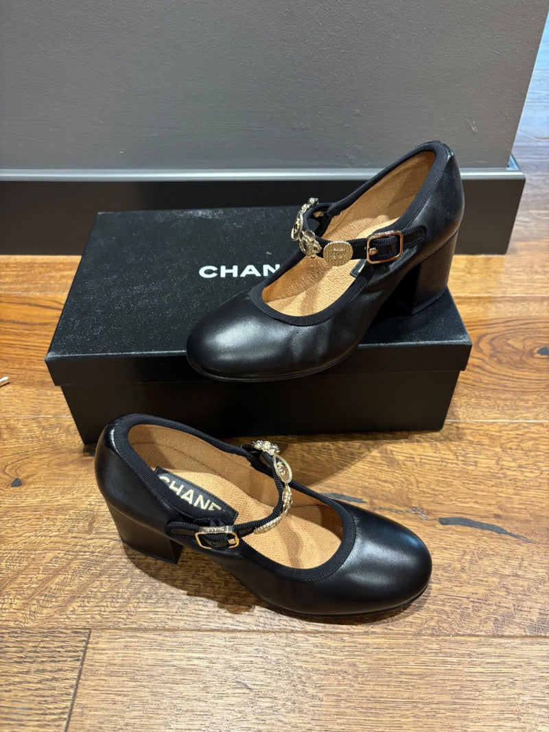 Chanel Black Leather Mary Jane’s Heeled Shoes