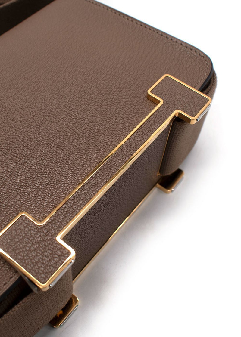 Hermes Geta  Crossbody Bag In Etoupe Chevre Leather with Gold Hardware