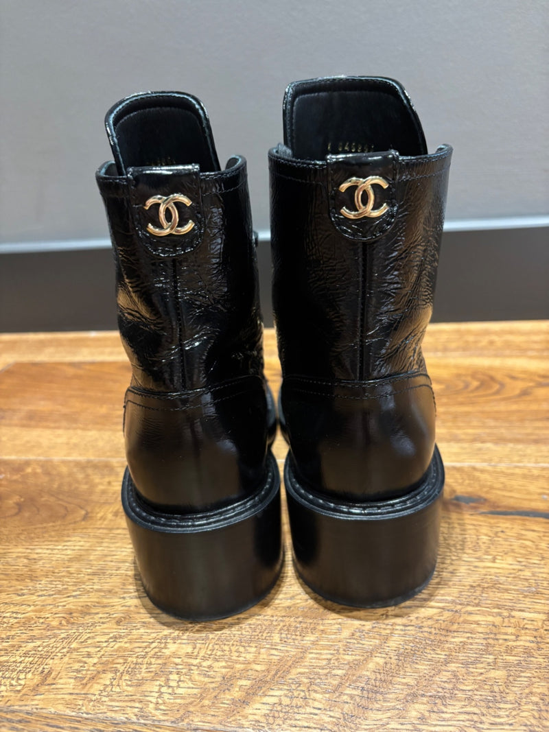 CHANEL Black Leather with decorative beads and embellishments Flat Ankle Boots