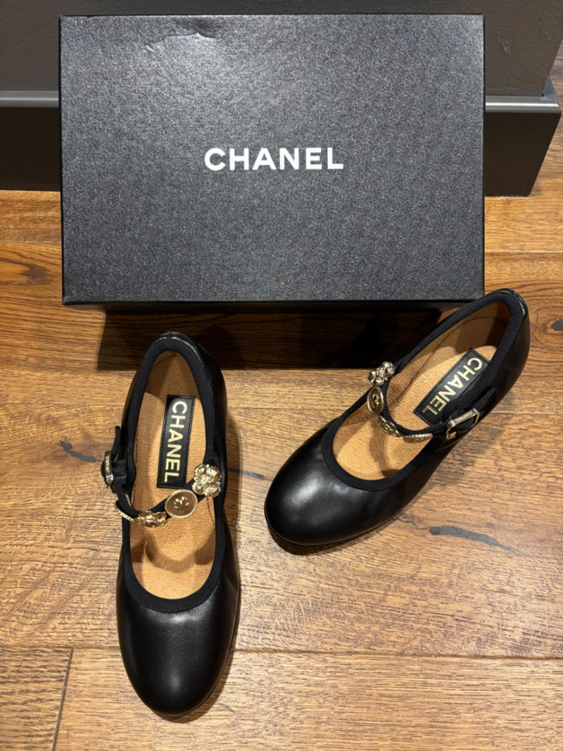 Chanel Black Leather Mary Jane’s Heeled Shoes