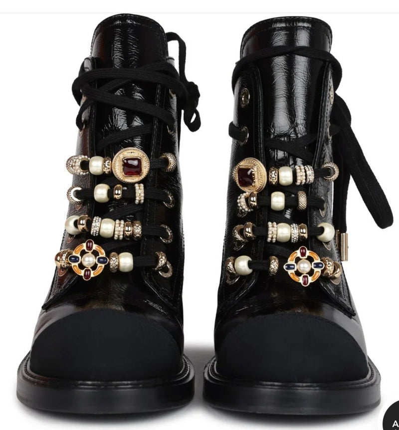 CHANEL Black Leather with decorative beads and embellishments Flat Ankle Boots