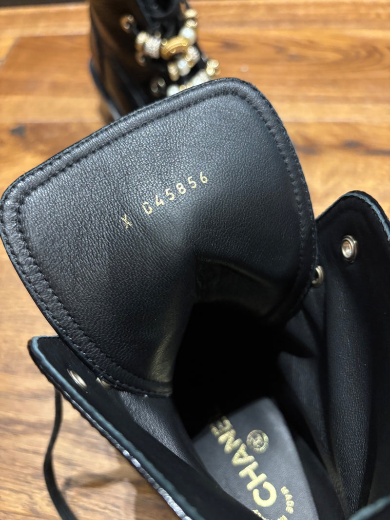 CHANEL Black Leather with decorative beads and embellishments Flat Ankle Boots
