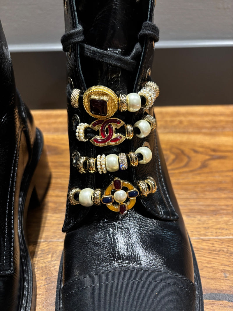 CHANEL Black Leather with decorative beads and embellishments Flat Ankle Boots