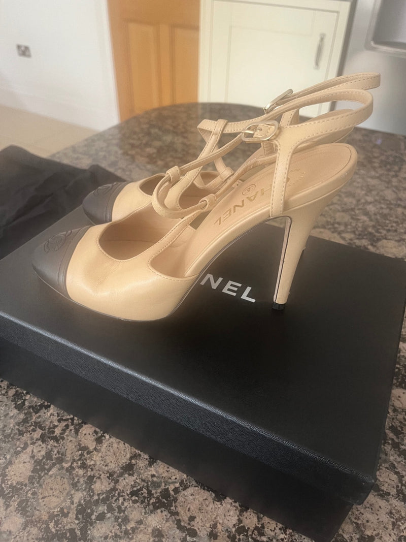 Chanel Beige and Black Leather Shoes