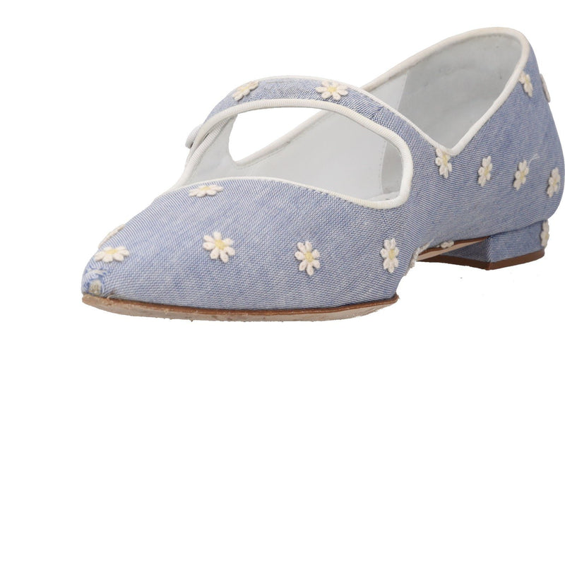 Manolo Blahnik Campari Chambray Daisy Pointed Toe Mary Jane Flat