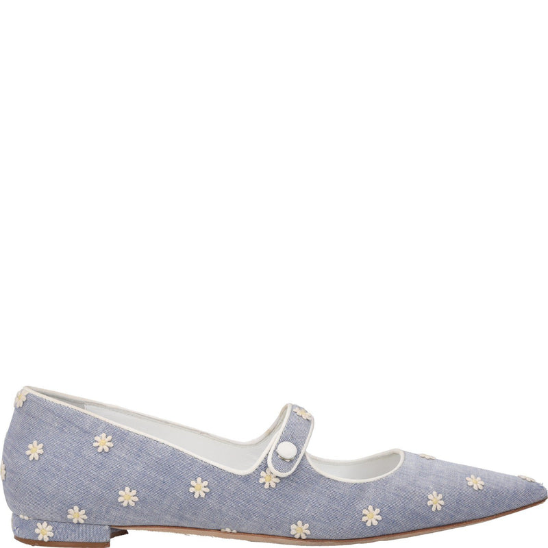 Manolo Blahnik Campari Chambray Daisy Pointed Toe Mary Jane Flat