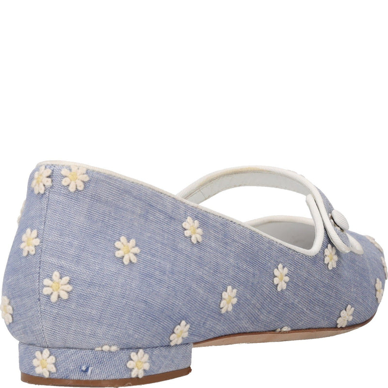 Manolo Blahnik Campari Chambray Daisy Pointed Toe Mary Jane Flat
