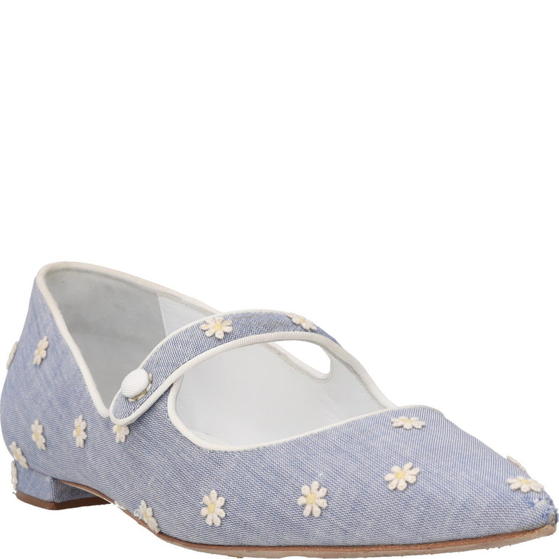 Manolo Blahnik Campari Chambray Daisy Pointed Toe Mary Jane Flat