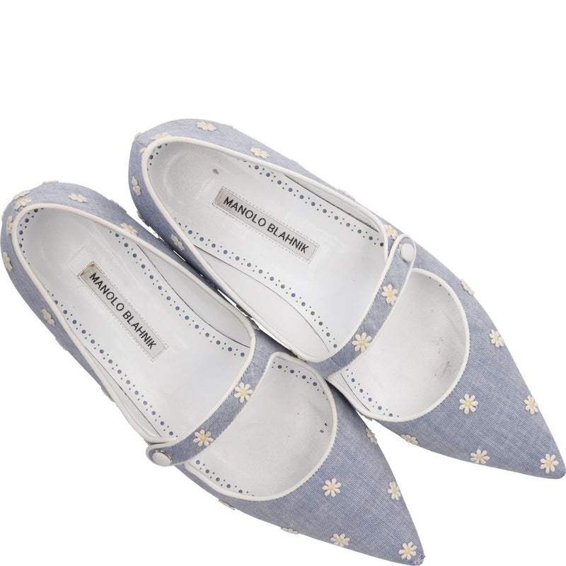 Manolo Blahnik Campari Chambray Daisy Pointed Toe Mary Jane Flat
