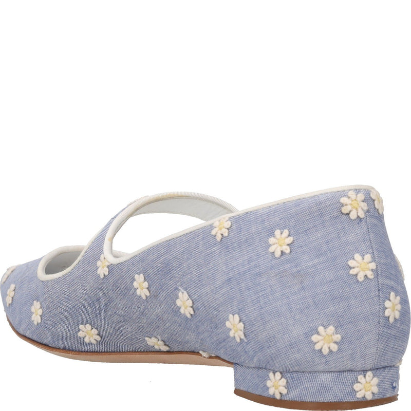 Manolo Blahnik Campari Chambray Daisy Pointed Toe Mary Jane Flat