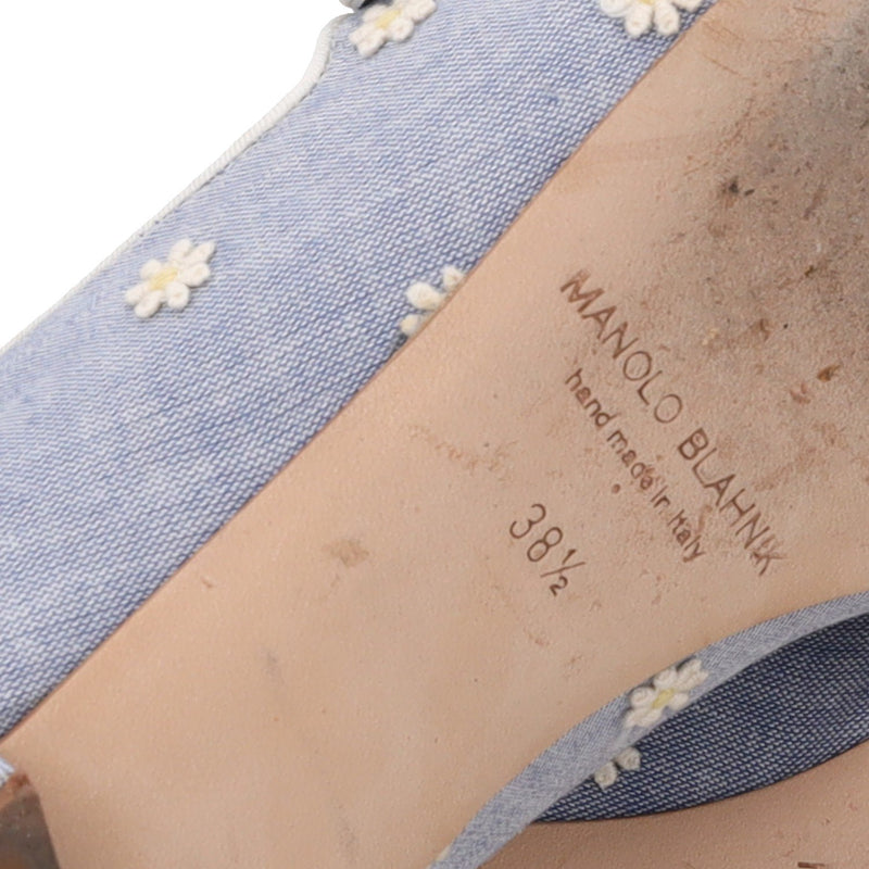 Manolo Blahnik Campari Chambray Daisy Pointed Toe Mary Jane Flat