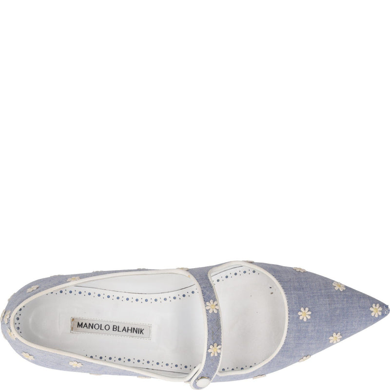 Manolo Blahnik Campari Chambray Daisy Pointed Toe Mary Jane Flat