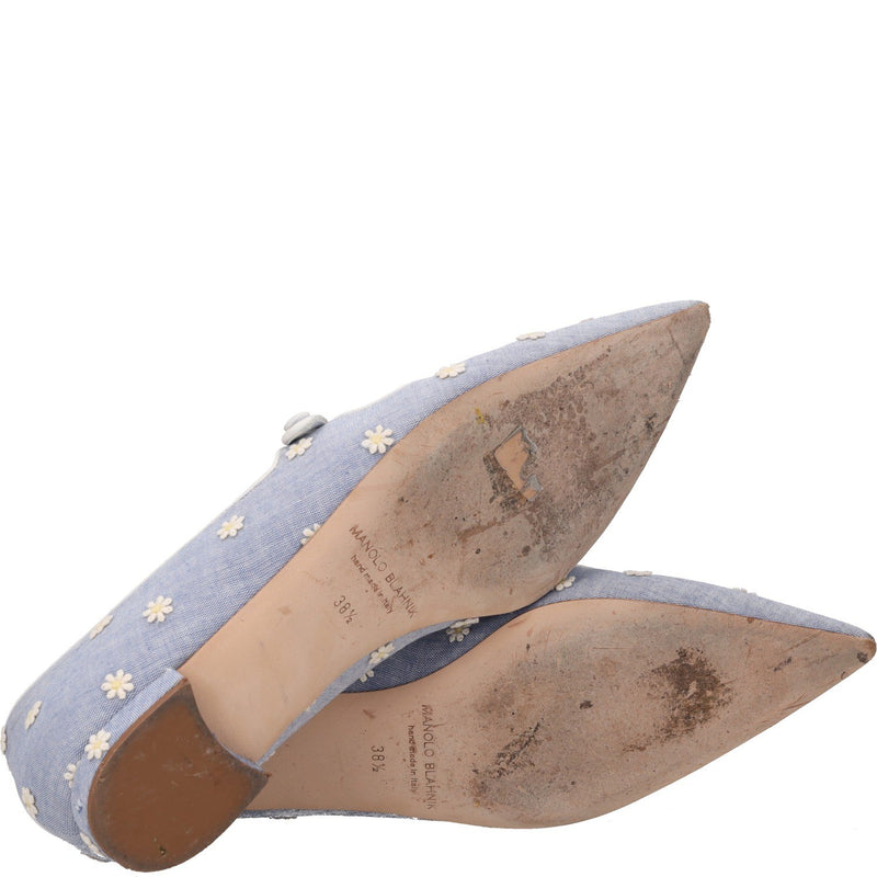 Manolo Blahnik Campari Chambray Daisy Pointed Toe Mary Jane Flat
