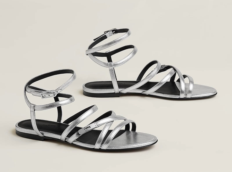 Hermès Lullaby Silver Leather Sandals 37,5