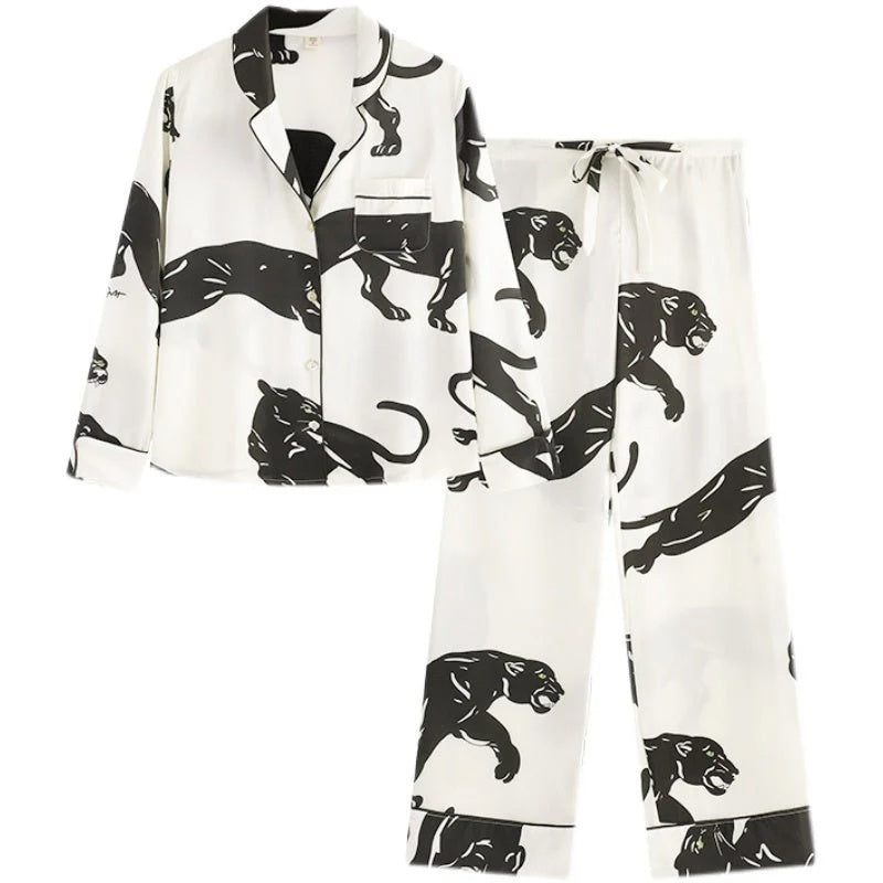 Olivia von Halle Yves Romain Panther Long Pyjama Set in Silk Twill