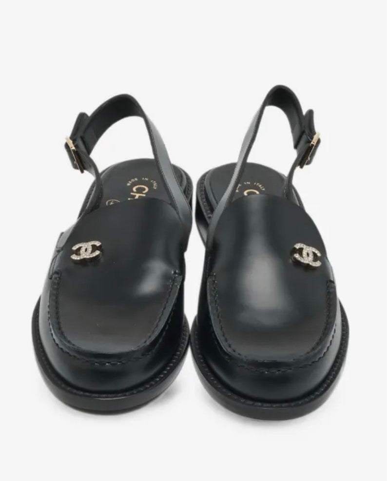 CHANEL Black Leather Flat Shoes