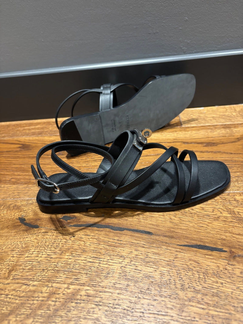 Hermes Black Leather June Sandals 37,5