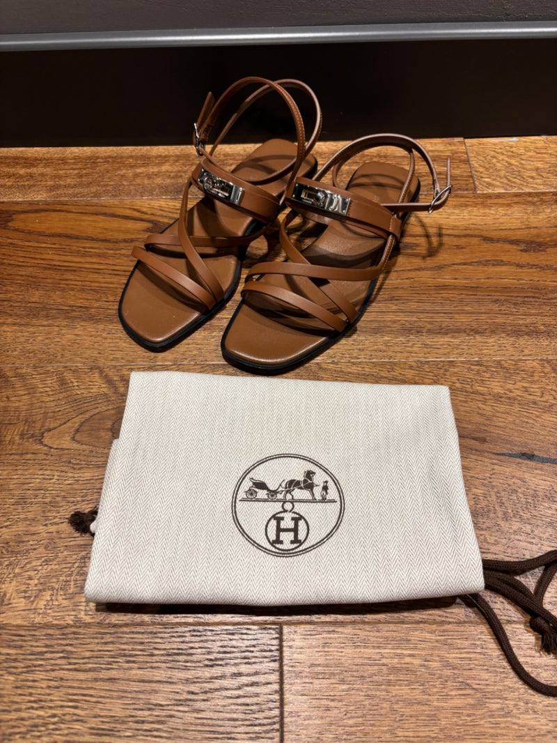 Hermes June Brown Leather Sandals 37,5
