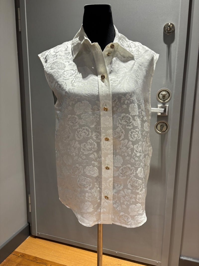 Chanel (indicated by logo on buttons) White Fabric with floral jacquard pattern Tops