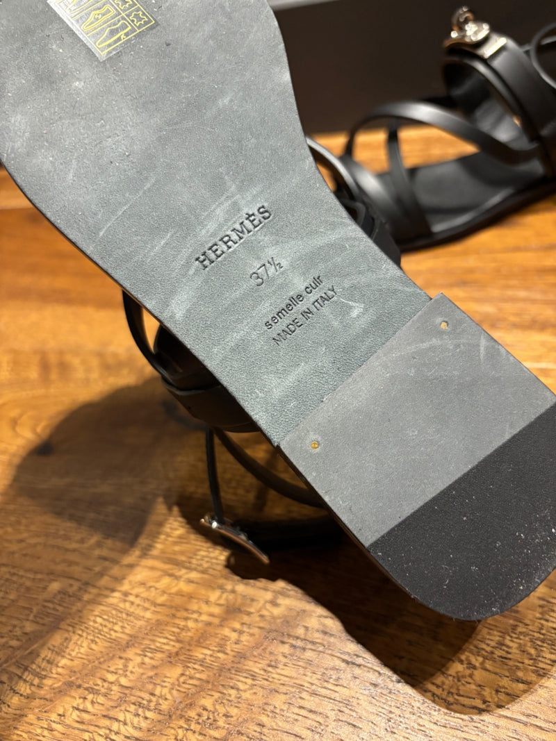 Hermes Black Leather June Sandals 37,5