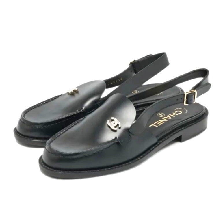 CHANEL Black Leather Flat Shoes