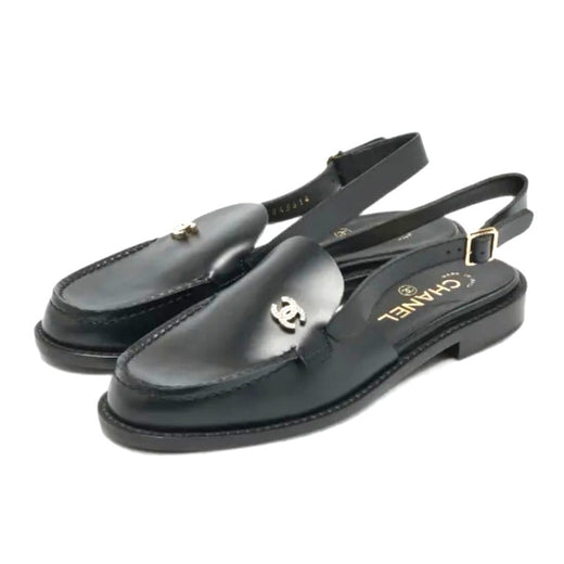 CHANEL Black Leather Flat Shoes