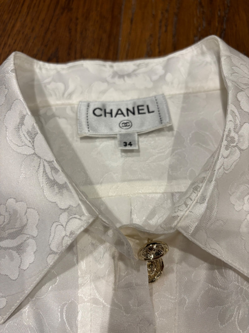 Chanel (indicated by logo on buttons) White Fabric with floral jacquard pattern Tops