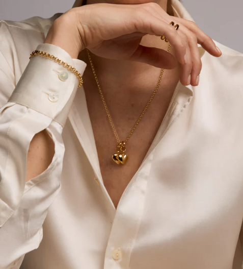 Tilly Sveaas Small Double Gold Plated Heart on Belcher Necklace